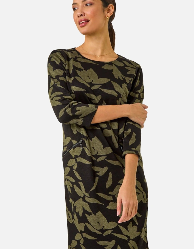 Leaf Print Pocket Detail Shift Dress