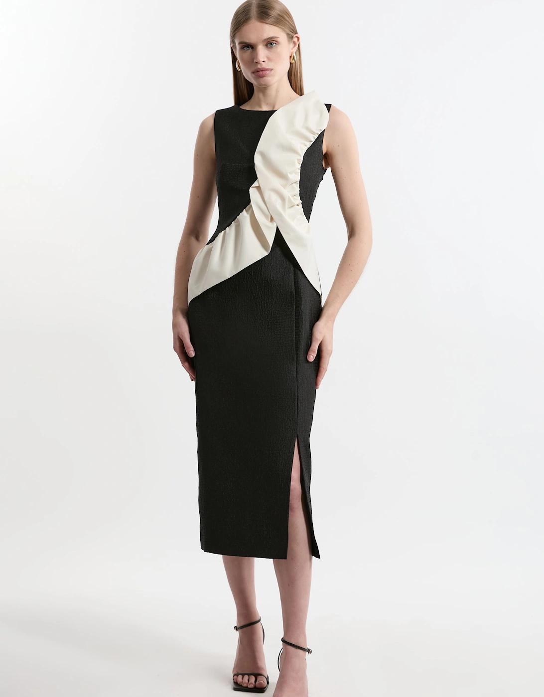 Textured Tailored Contrast Taffeta Ruffle Midi Dress, 2 of 1