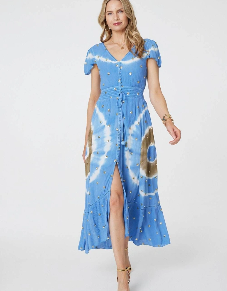 Tie Dye Print Shirred Tie Waist Midi Dress