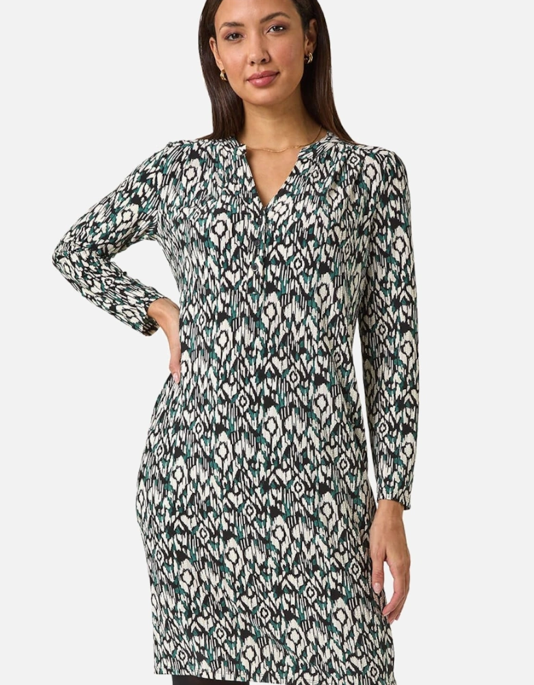 Aztec Print V-Neck Shift Stretch Dress