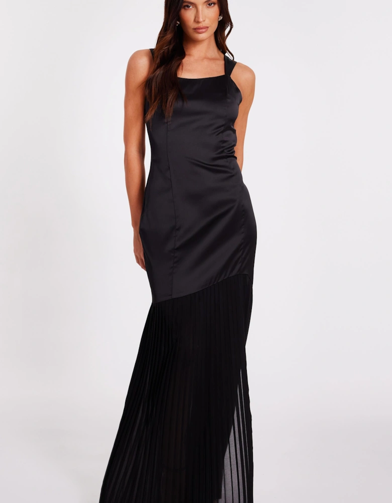 Black Satin Pleated Maxi Dress
