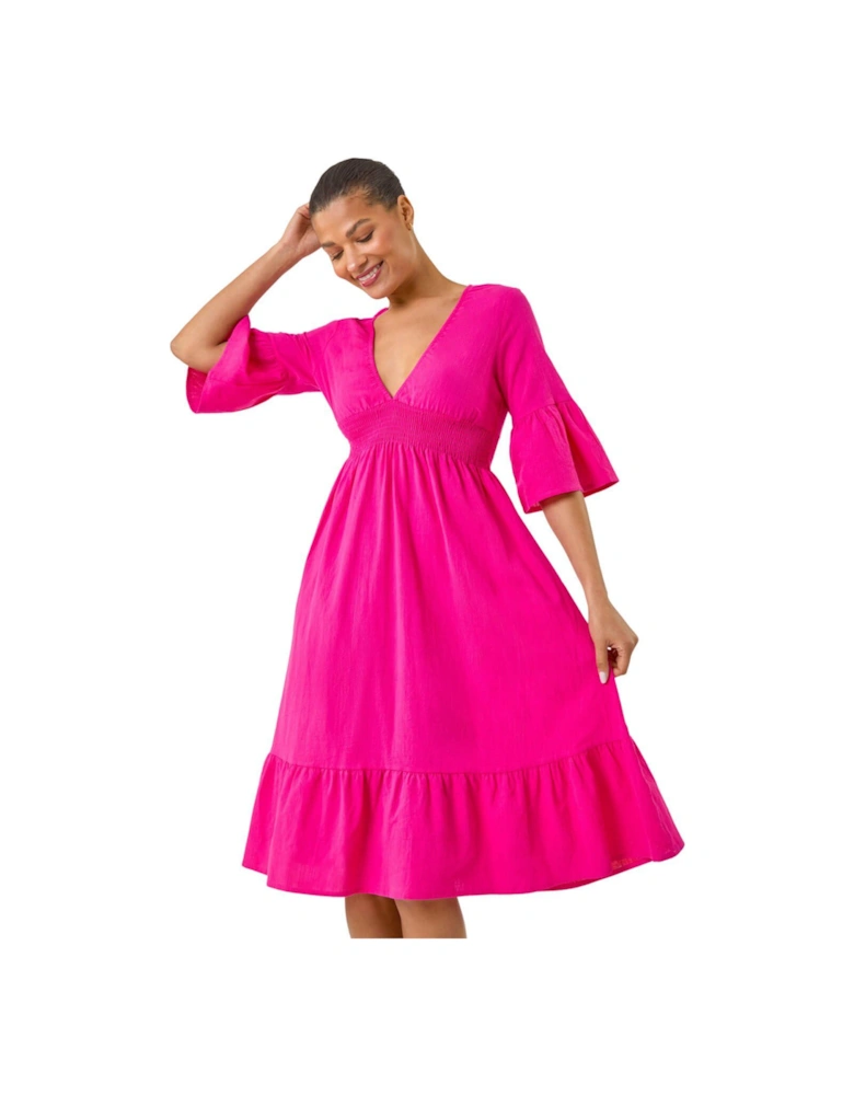 Linen Look Shirred Midi Dress