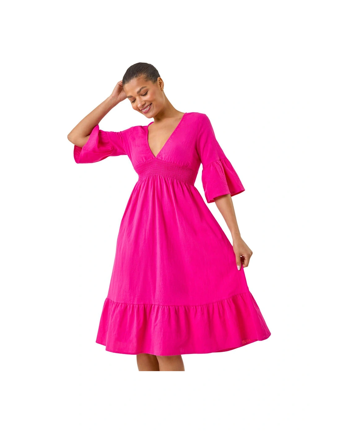 Linen Look Shirred Midi Dress, 2 of 1