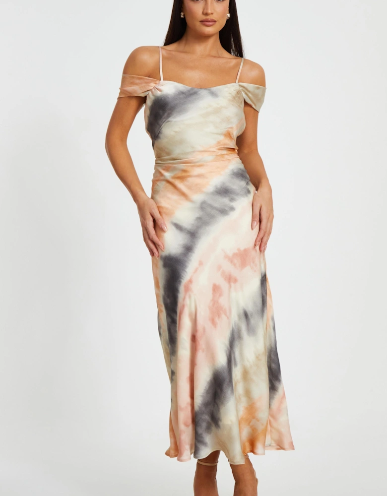 Multi Satin Marble Print Midaxi Dress