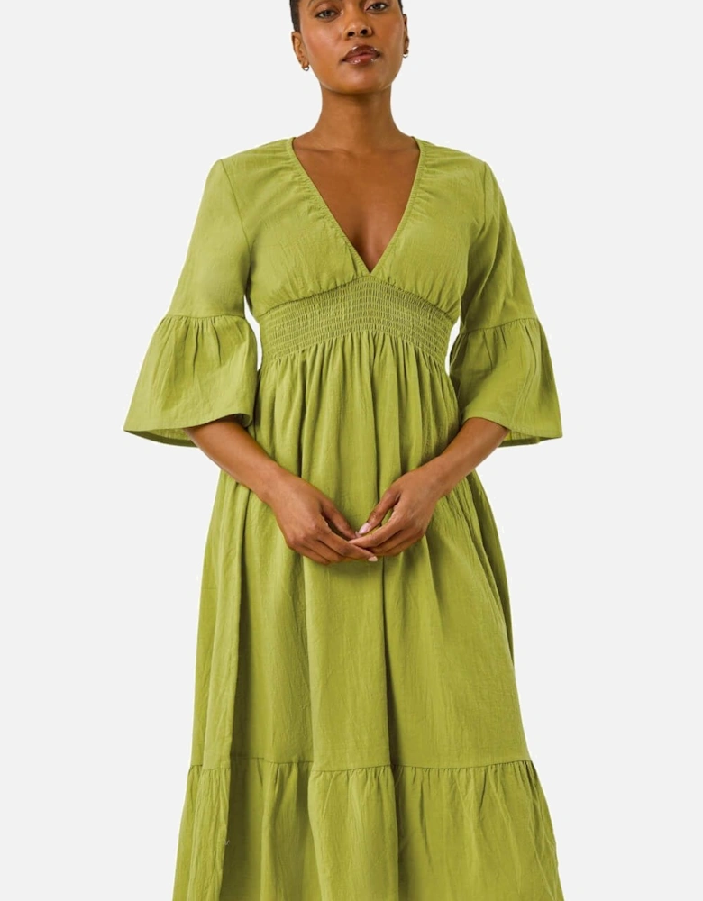 Linen Look Shirred Midi Dress