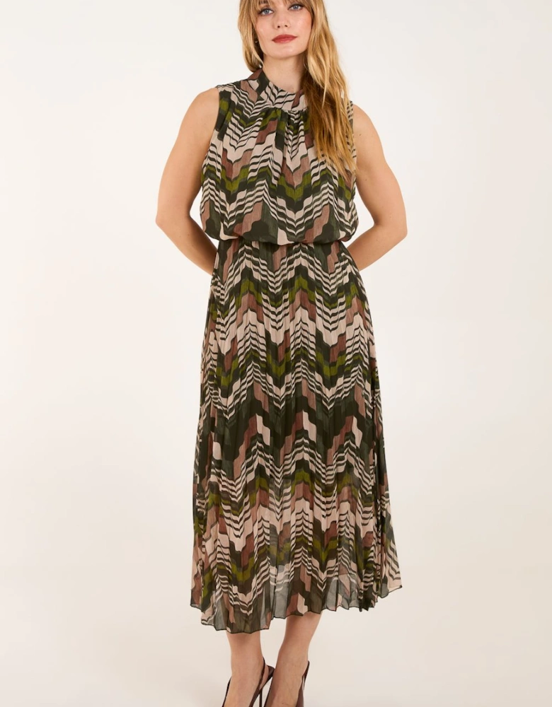 Tile Print High Neck Sleeveless Dress