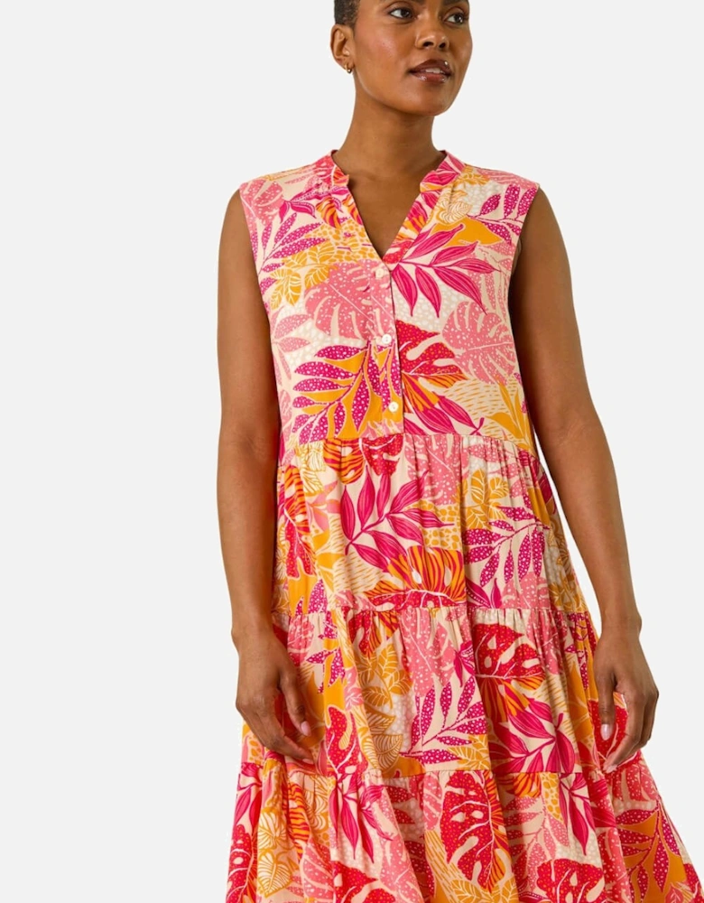 Leaf Print Buttoned Smock Dress