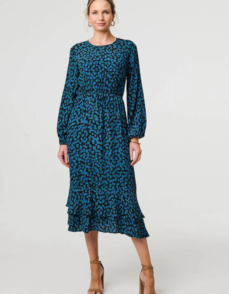 Printed Flare Sleeve Ruffled Midi Dress