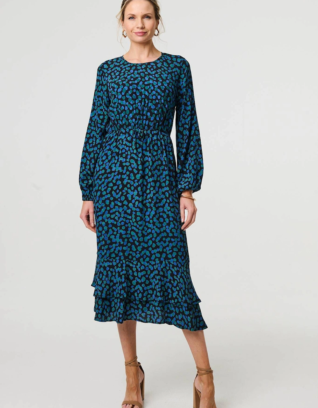 Printed Flare Sleeve Ruffled Midi Dress, 2 of 1