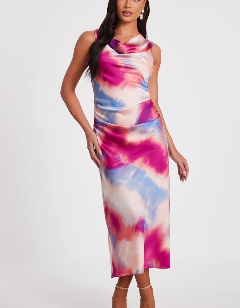 Pink Satin Tie Dye Midi Dress