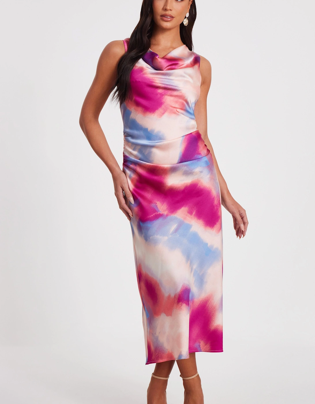 Pink Satin Tie Dye Midi Dress, 2 of 1
