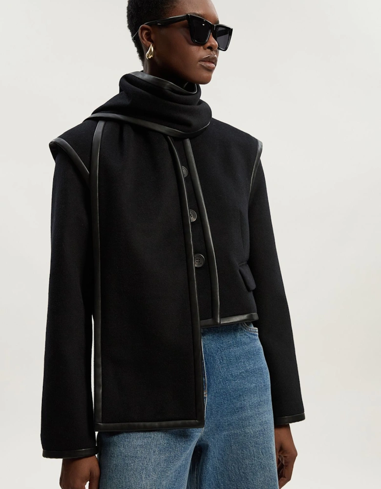 Brushed Wool Pu Mix Detachable Scarf Tailored Crop Coat