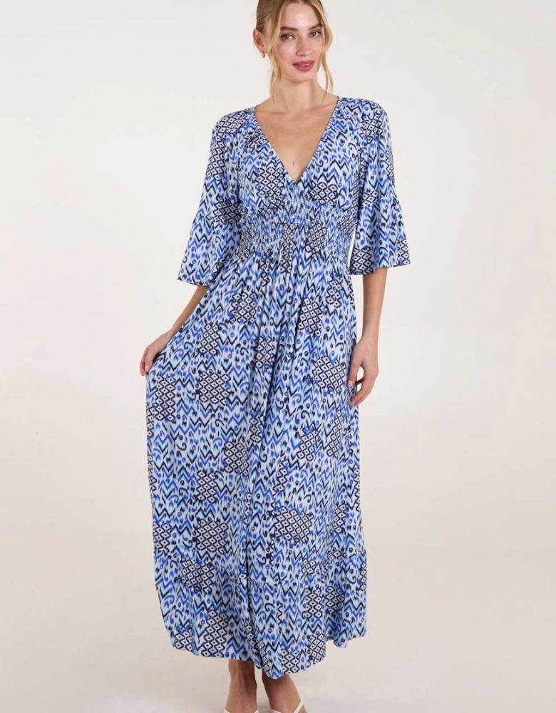 Abstract Elasticated Neck Shirred Waist Maxi Dress