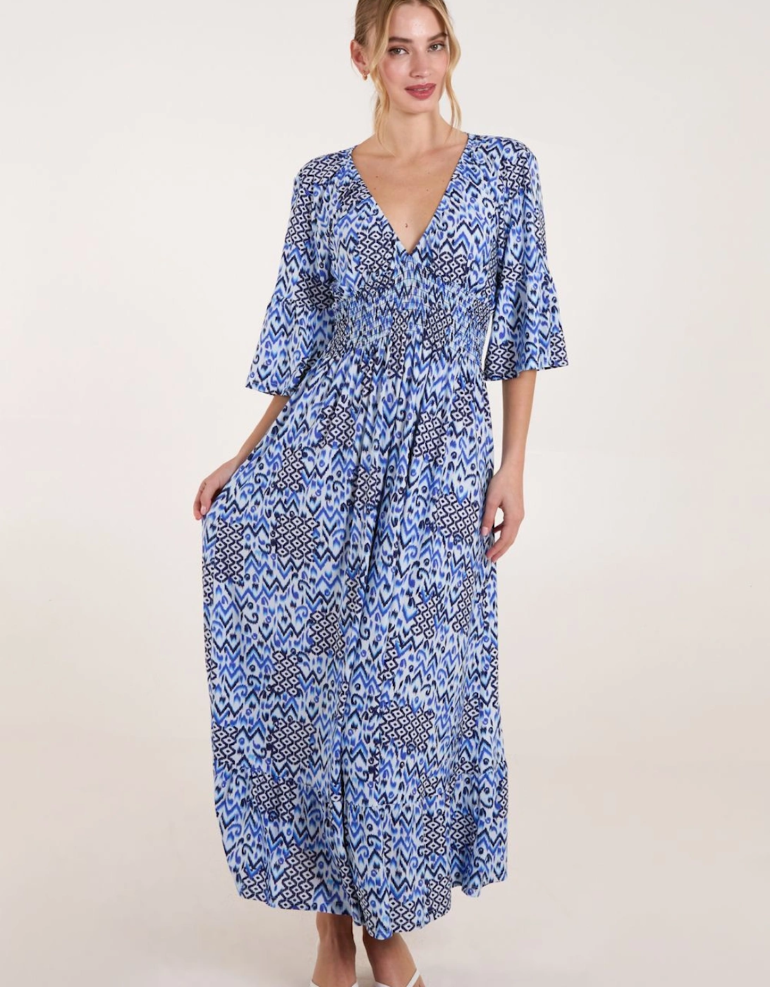 Abstract Elasticated Neck Shirred Waist Maxi Dress, 2 of 1