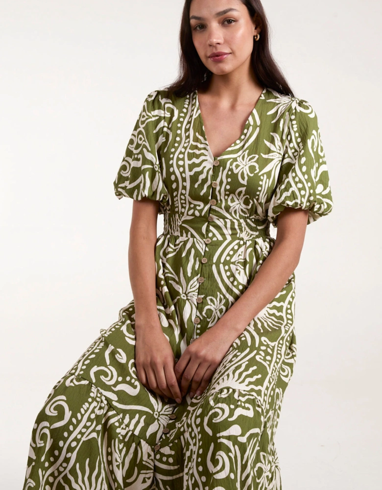 Green Printed Puff Sleeve Shirred Waist Midi Dress