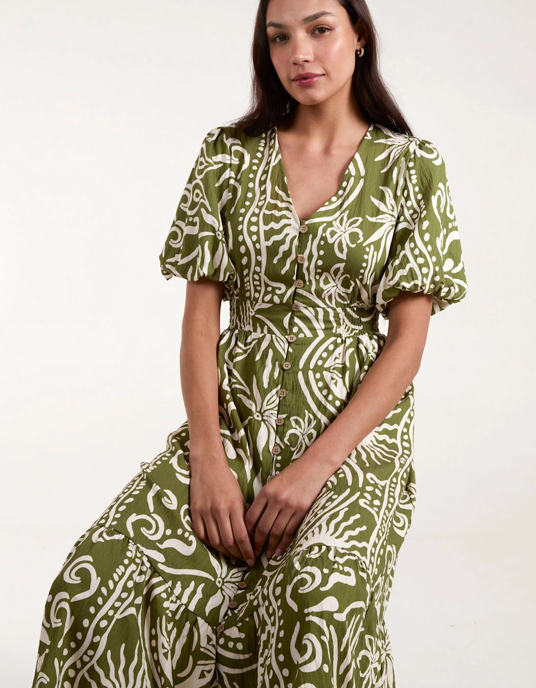 Green Printed Puff Sleeve Shirred Waist Midi Dress, 2 of 1