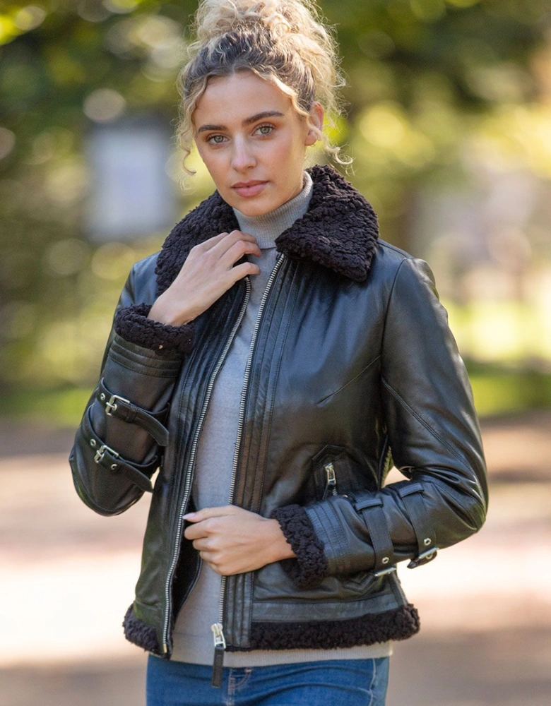 '2419' Ladies Leather Aviator Jacket with Faux Fur Lining