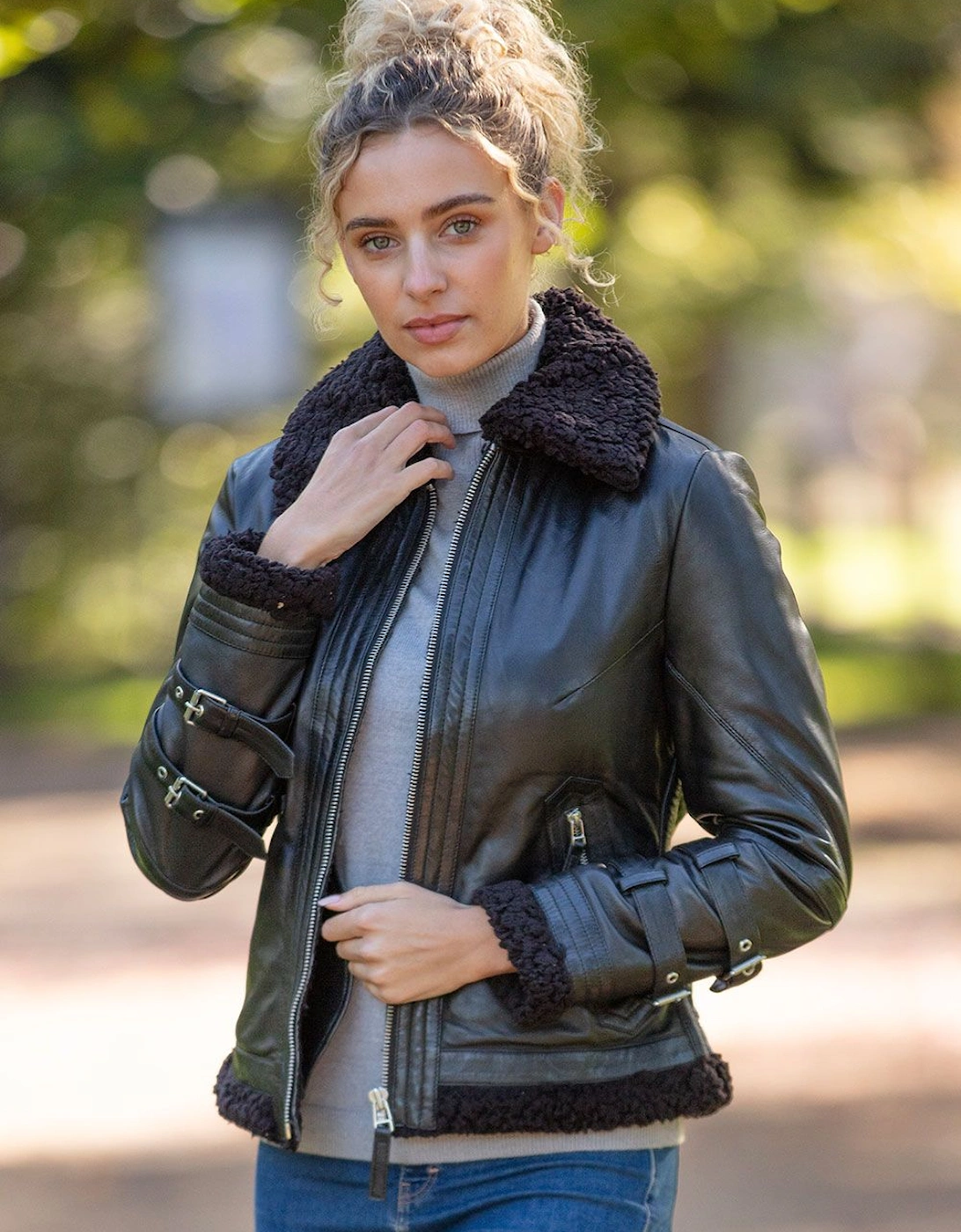 '2419' Ladies Leather Aviator Jacket with Faux Fur Lining, 2 of 1