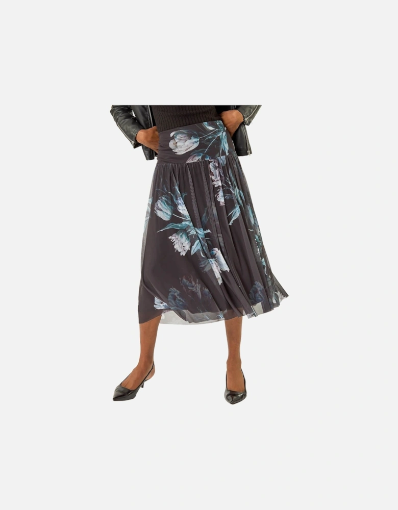 Floral Print Mesh Layered Skirt