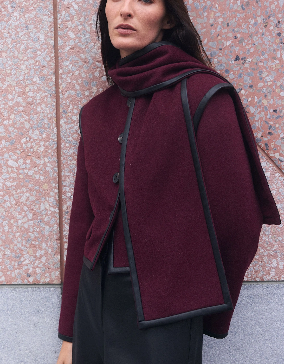 Brushed Wool Pu Mix Detachable Scarf Tailored Crop Coat, 2 of 1