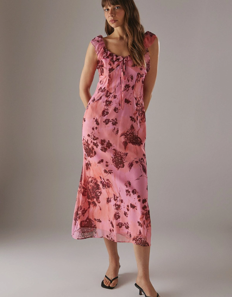Floral Chiffon Ruffle Double layer Midi Dress
