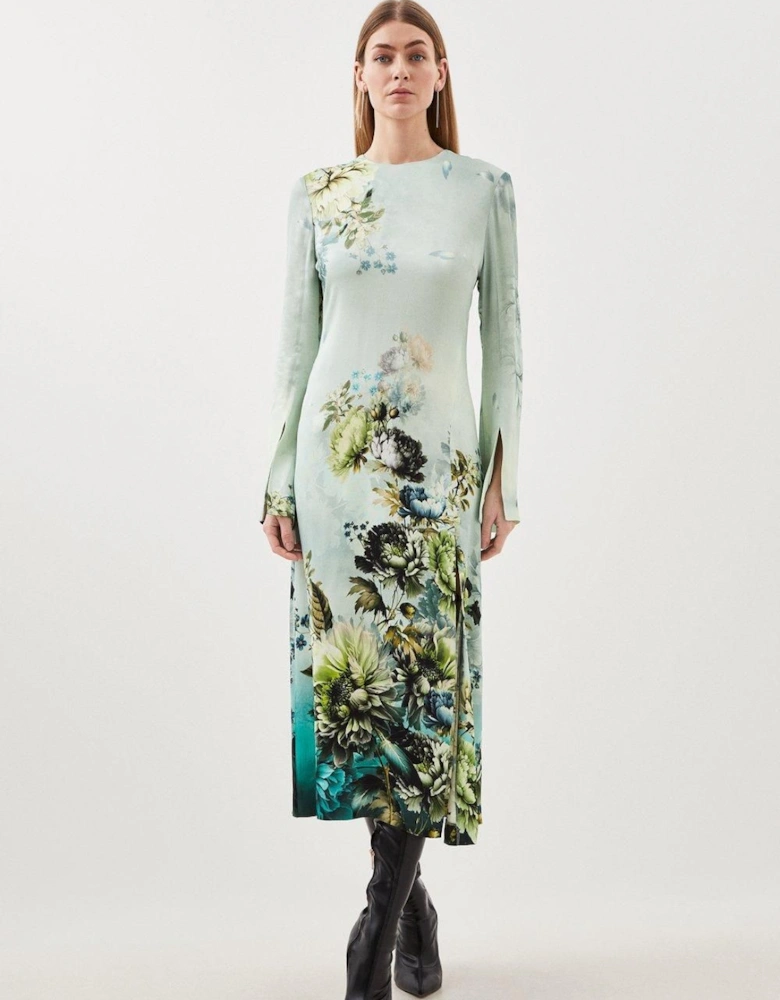 Garden Floral Woven Viscose Satin Midi Dress