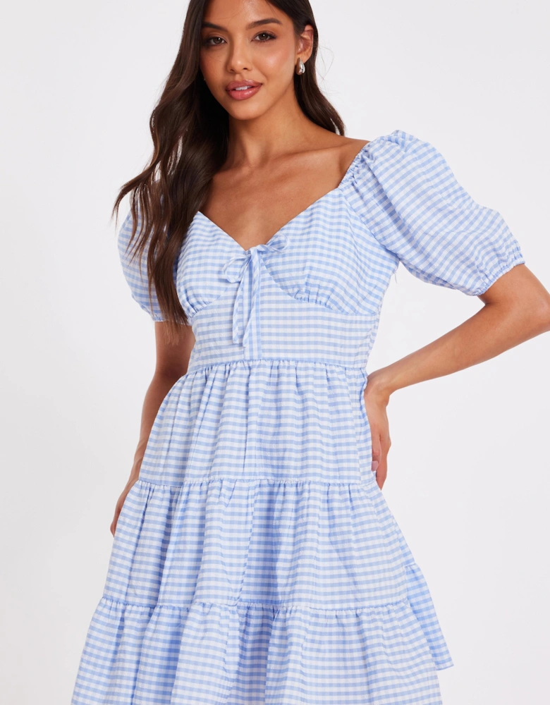 Blue Gingham Puff Sleeve Dress