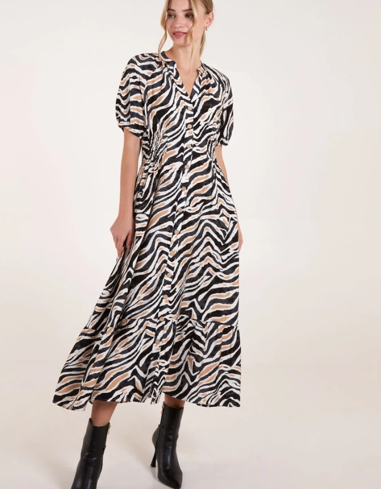 Shirred Waist Button Front Puff Sleeve Midi Dress