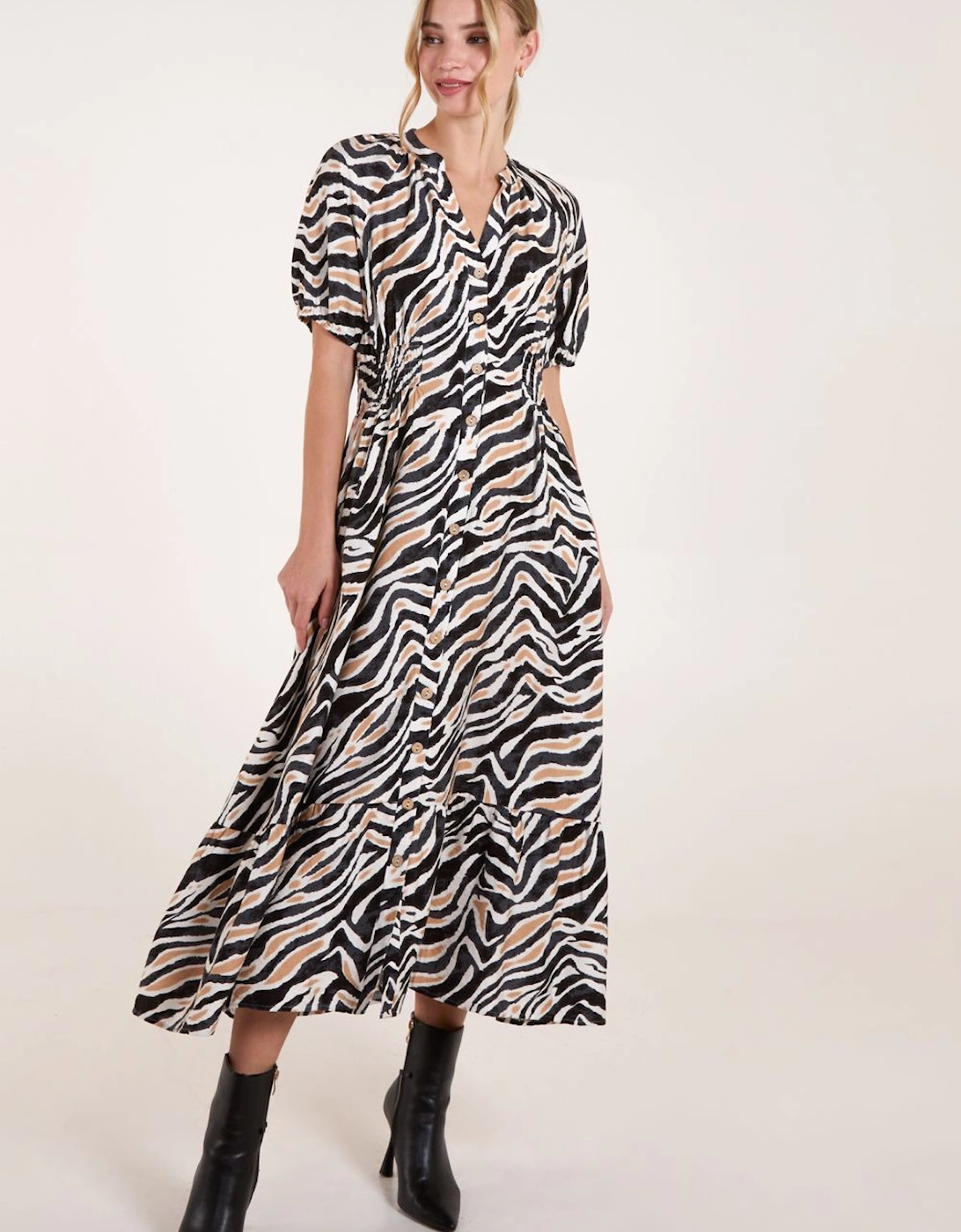 Shirred Waist Button Front Puff Sleeve Midi Dress, 2 of 1