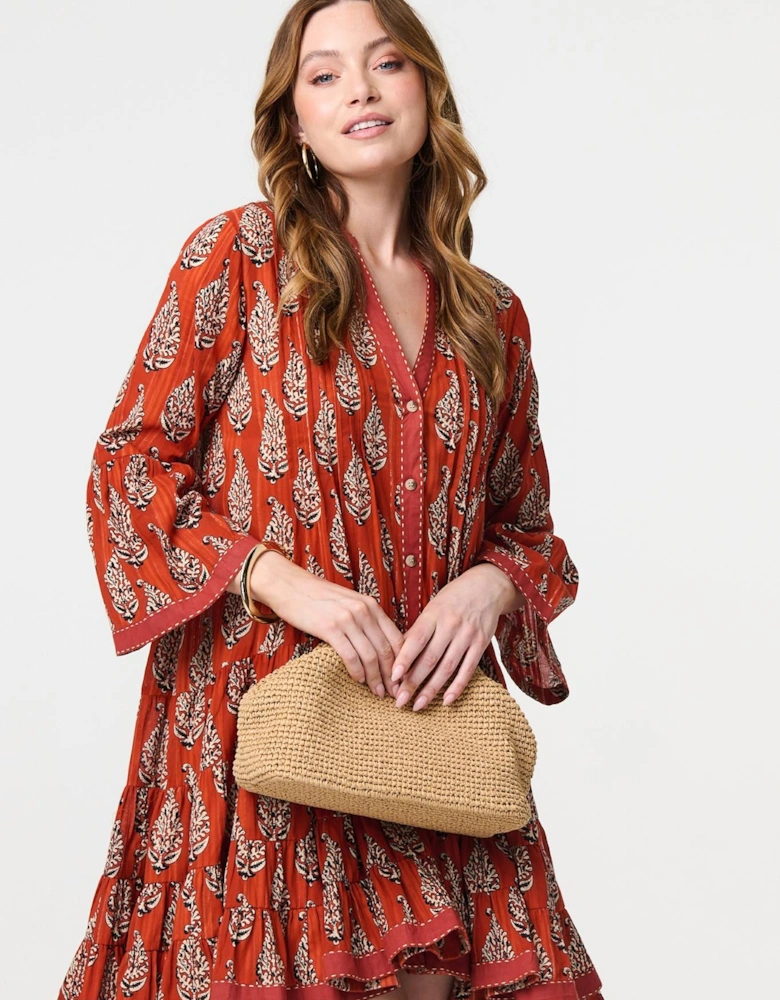 Feather Print Flare Sleeve Short Dress