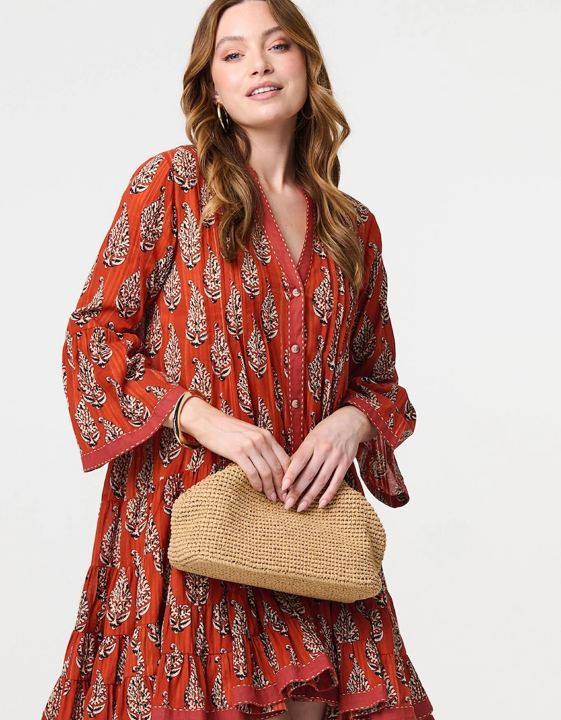 Feather Print Flare Sleeve Short Dress, 2 of 1