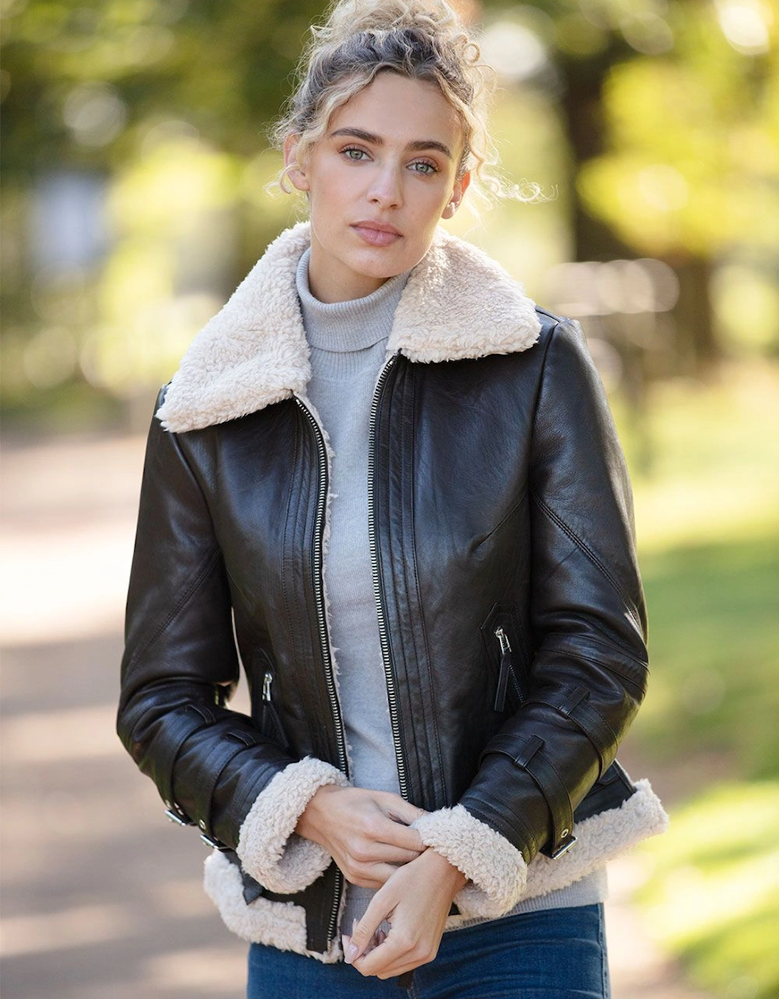 '2419' Ladies Leather Aviator Jacket with Faux Fur Lining, 2 of 1
