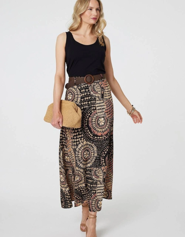 Aztec Print A-Line Belt Maxi Skirt