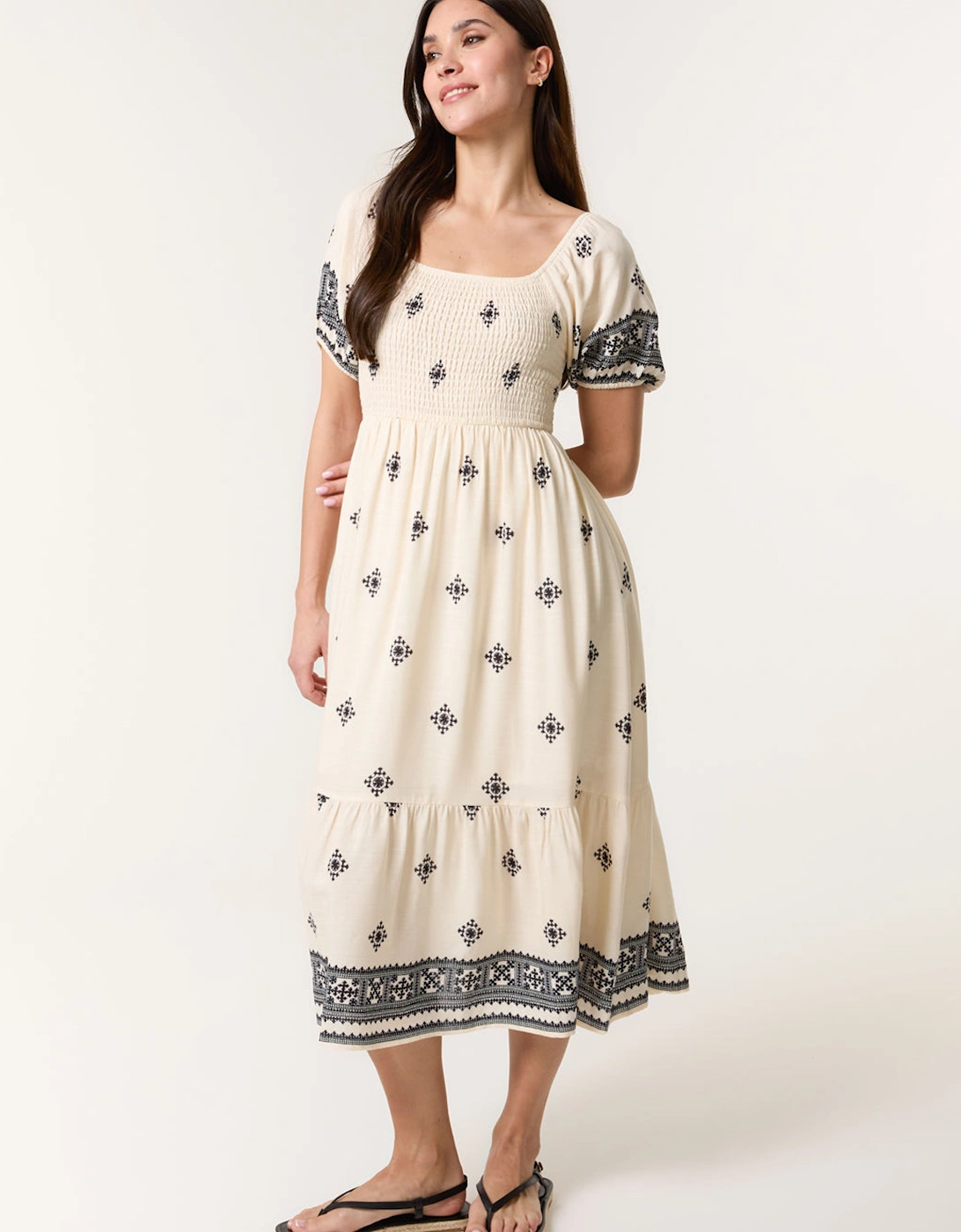 Off White Shirred Square Neck Midi Dress, 2 of 1