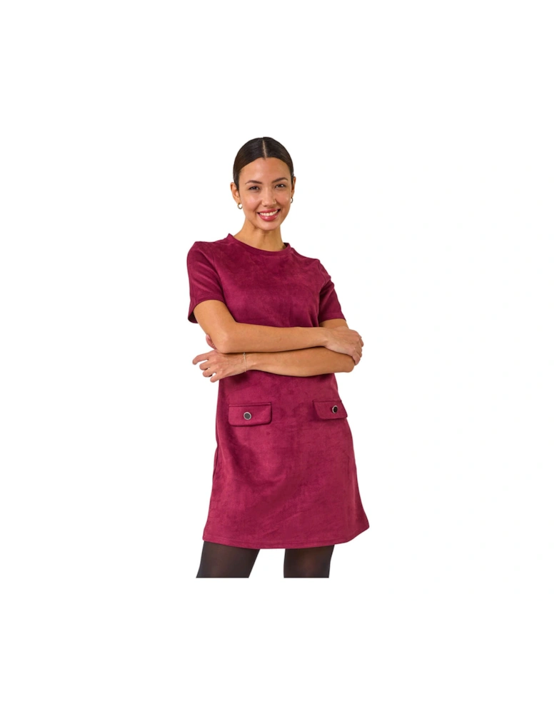 Faux Suede Button Shift Stretch Dress