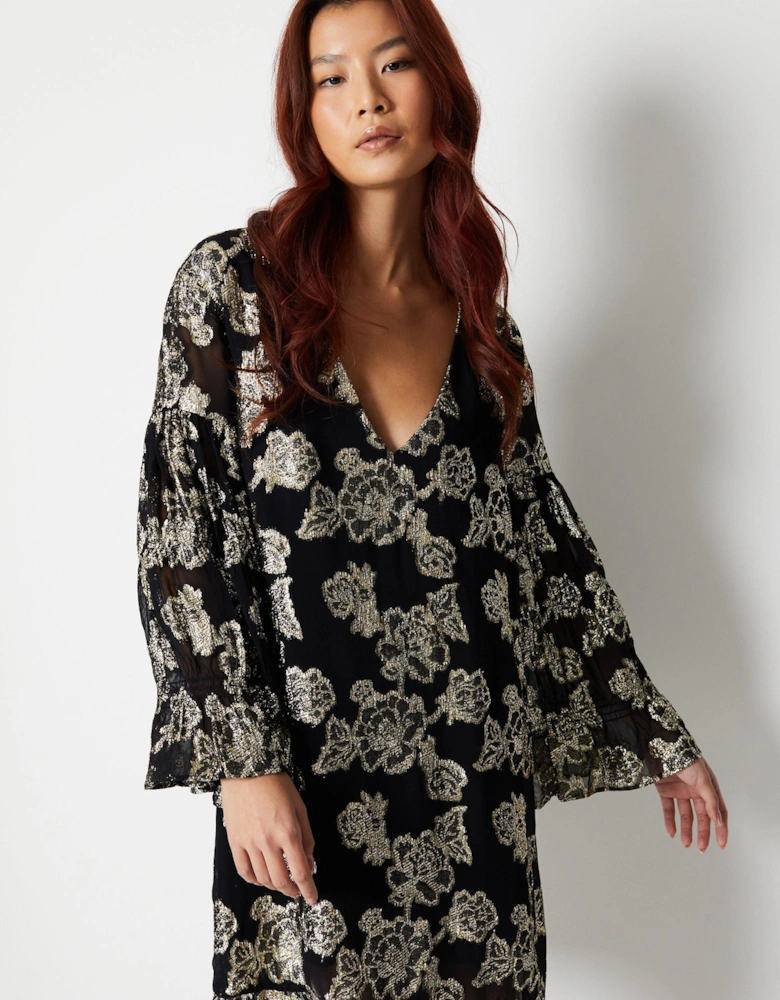 Metallic Georgette V Plunge Frill Swing Dress