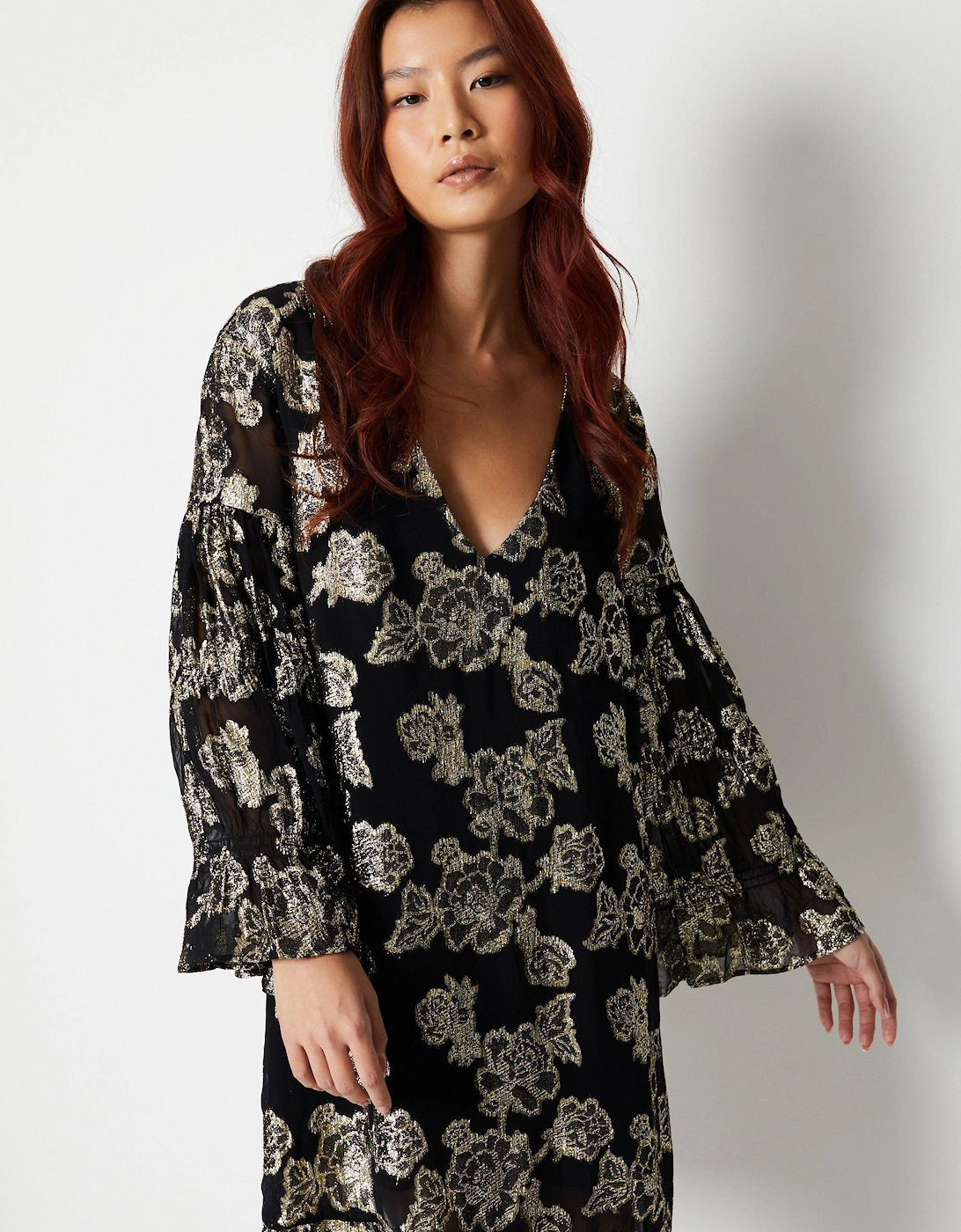 Metallic Georgette V Plunge Frill Swing Dress, 2 of 1