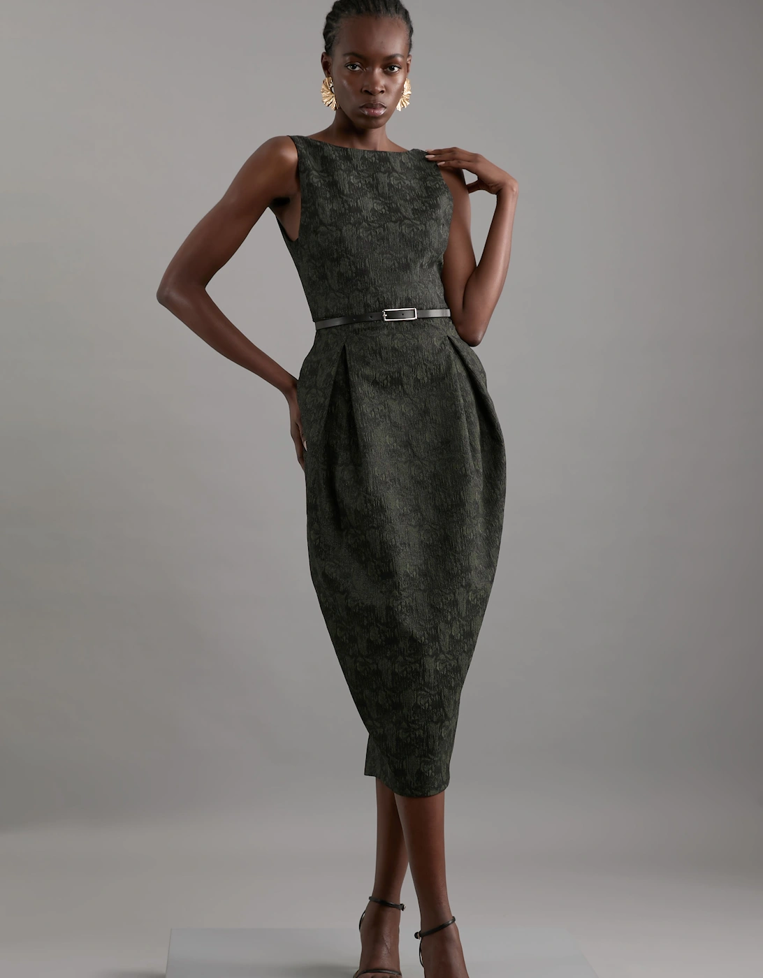 Jacquard Belted Pencil Tailored Midi Dress, 2 of 1