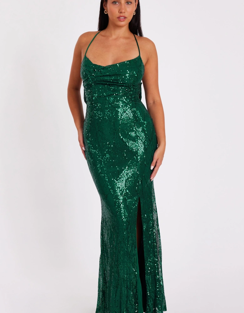 Green Sequin Bow Back Maxi Dress