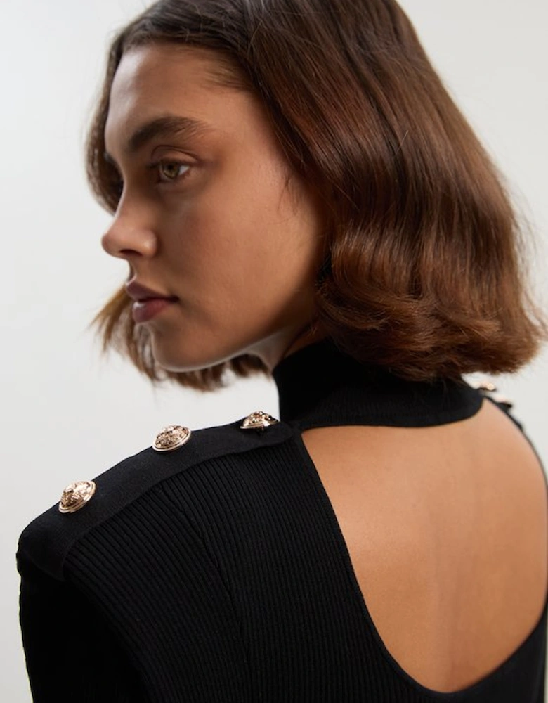 Viscose Blend Rib Knit Power Shoulder Long Sleeve Military Trim Maxi Dress