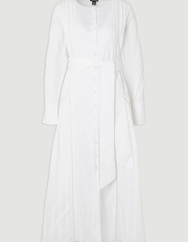 Cotton With Lace Trim Insert Woven Long Sleeve Midi Dress
