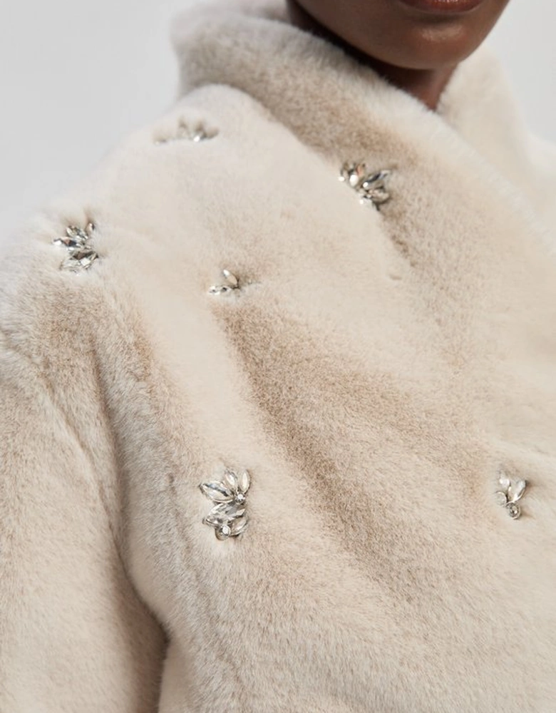 Crystal Embellished Faux Fur Short Coat