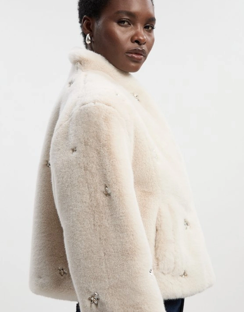 Crystal Embellished Faux Fur Short Coat