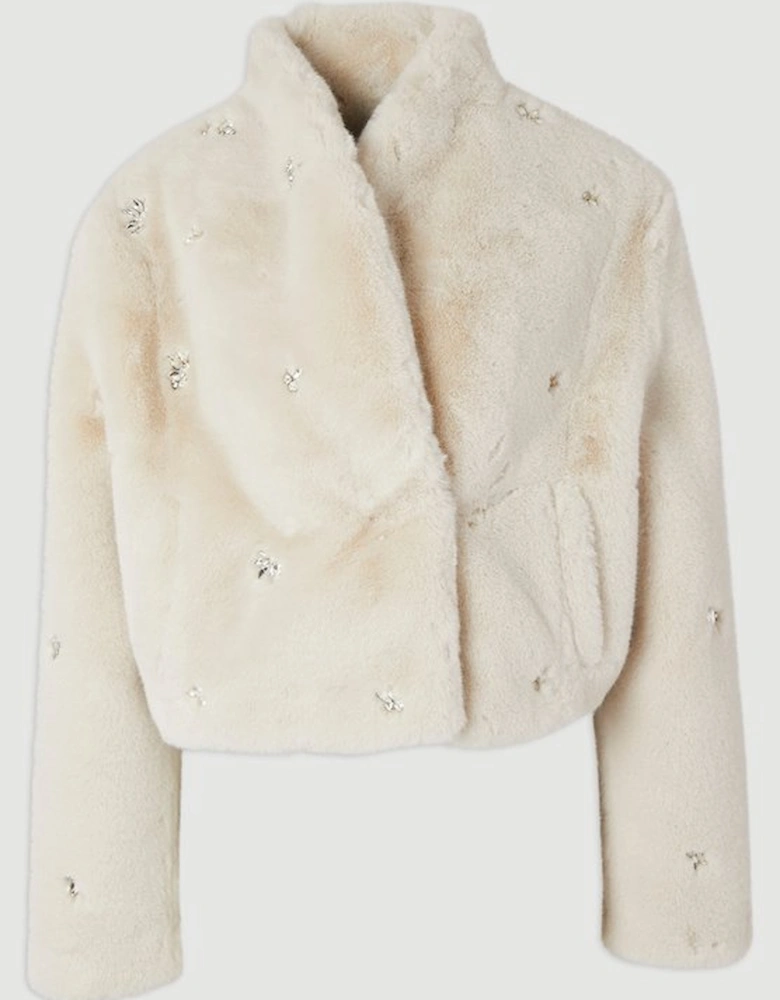 Crystal Embellished Faux Fur Short Coat