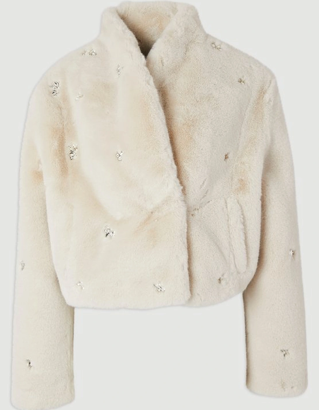 Crystal Embellished Faux Fur Short Coat