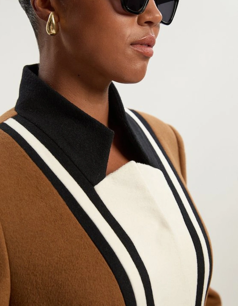 Plus Size Wool Colour Block Tailored Belted Midi Coat