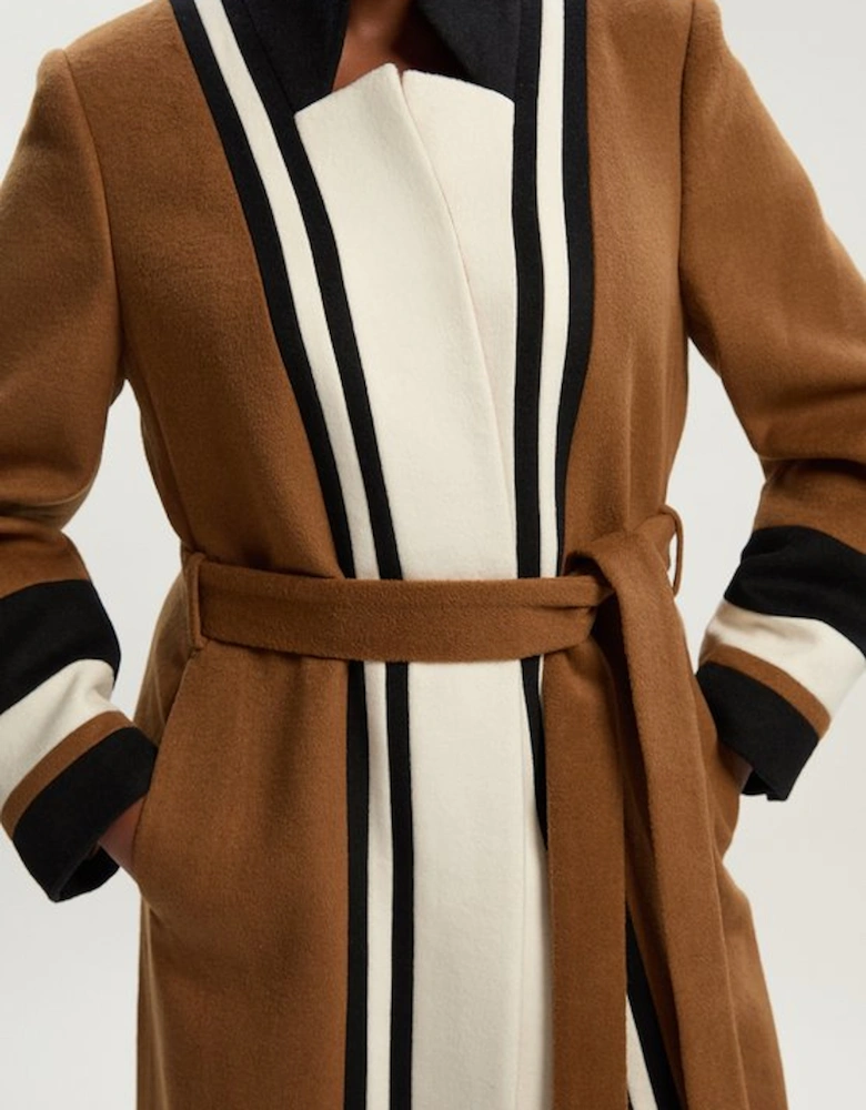Plus Size Wool Colour Block Tailored Belted Midi Coat