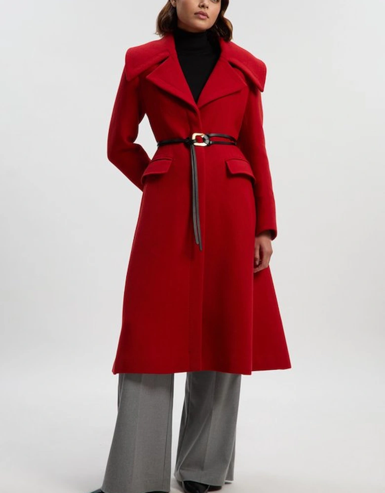 Wool Shawl Collar Belted Tailored Midi Coat