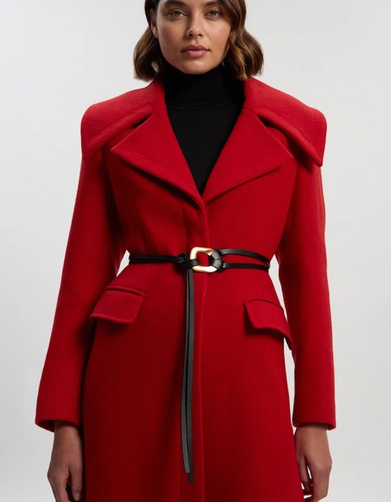 Wool Shawl Collar Belted Tailored Midi Coat
