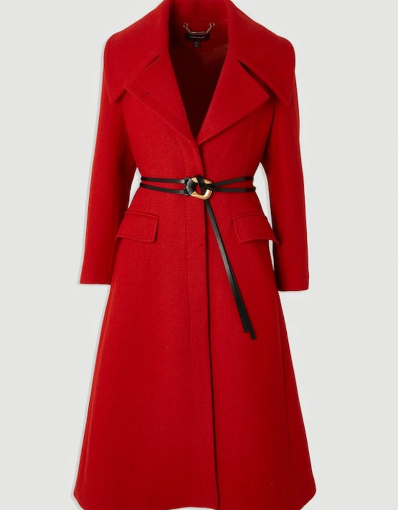 Wool Shawl Collar Belted Tailored Midi Coat
